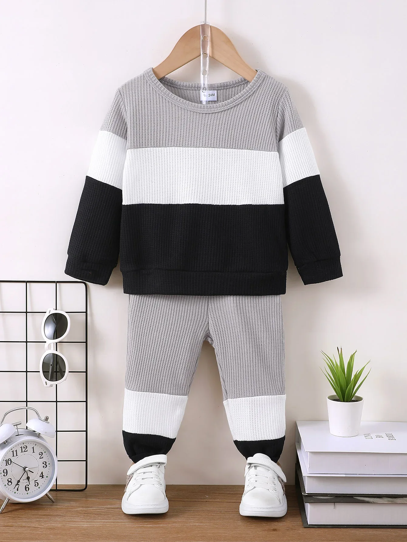 inverno-1-6-anos-de-idade-retalhos-tecido-waffle-manga-comprida-conjunto-casual-de-2-pecas