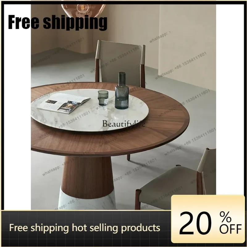 HJ Ash wood solid wood wabi-sabi wind Italian minimalist round dining table and chair combination