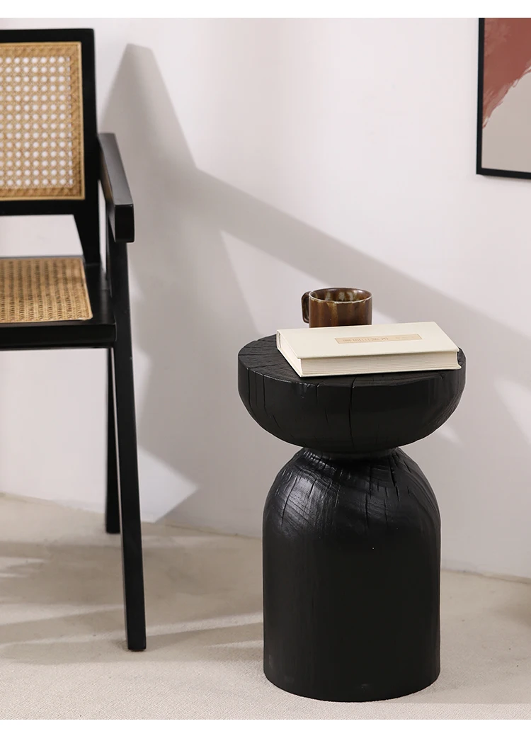 Wabi-Sabi Charred Wood Side Table Handcrafted Tree Stump Stool with Natural Texture Bedside Coffee Table for Home Decor