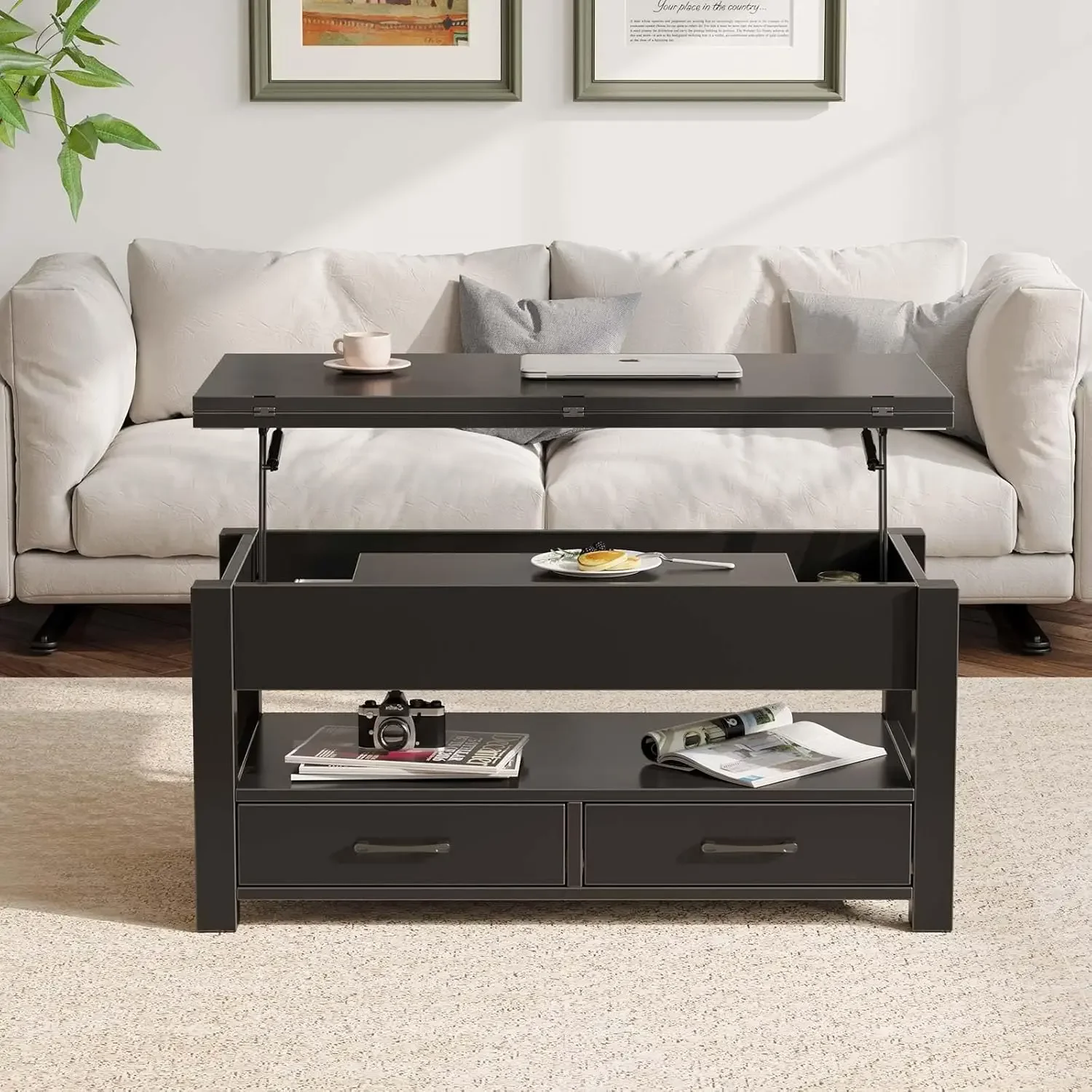 Coffee Table Lift Top, Drawers and Hidden Compartment, Coffee Table Dining Table for Living Room, Home Office,Black