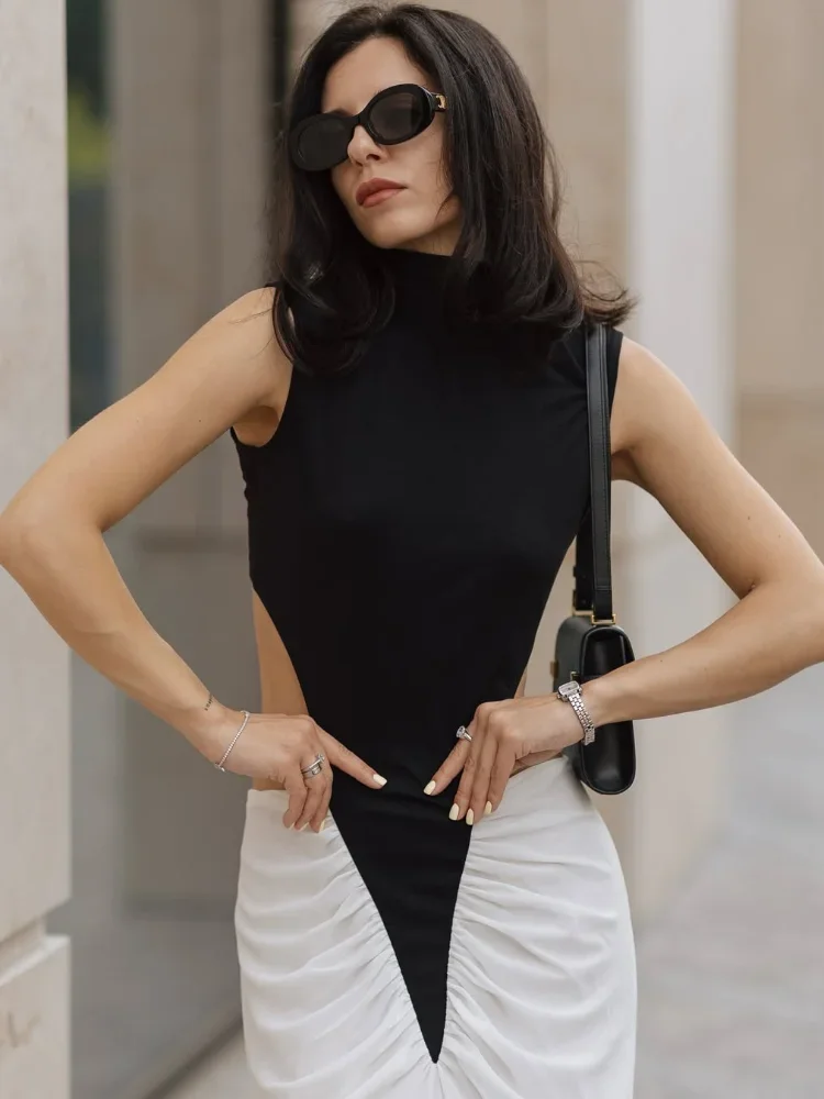 شيك التباين المرقعة مطوي فستان طويل مثير الجوف خارج عالية طوق سليم صالح Vestidos للنساء 2025 عطلة الشارع العباءات