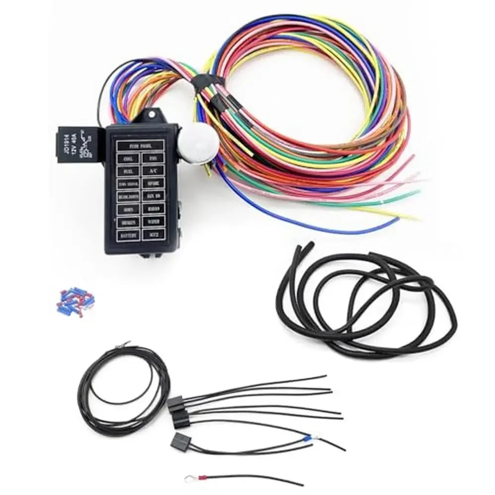 

Universal 14 Circuit Wiring Harness Kit with Extra Long Wires 14 Fuse 12V Chevy Mopar Ford Hotrod Easy Installation Complete