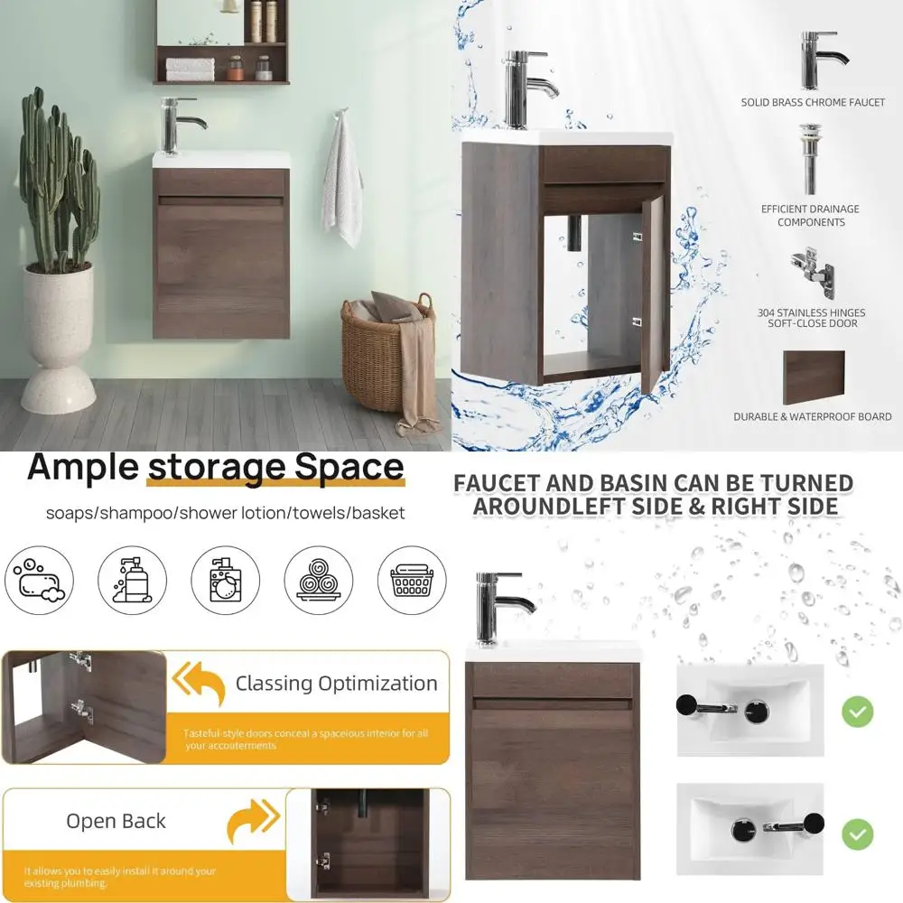 

Настенный 16-дюймовый плавающий туалетный столик с раковиной и хромированным краном для компактных ванных комнат коричневого цвета.