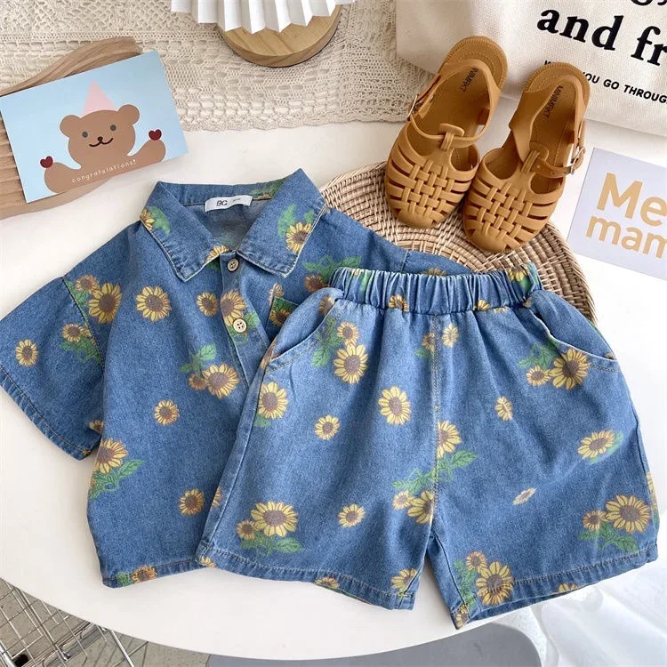 Siblings Children\'s Denim Suit 2024 Summer Korean Fashion Sunflowers Kid Girls Shirt+ Shorts Set 2-7Y Baby Boys Two-piece Suit