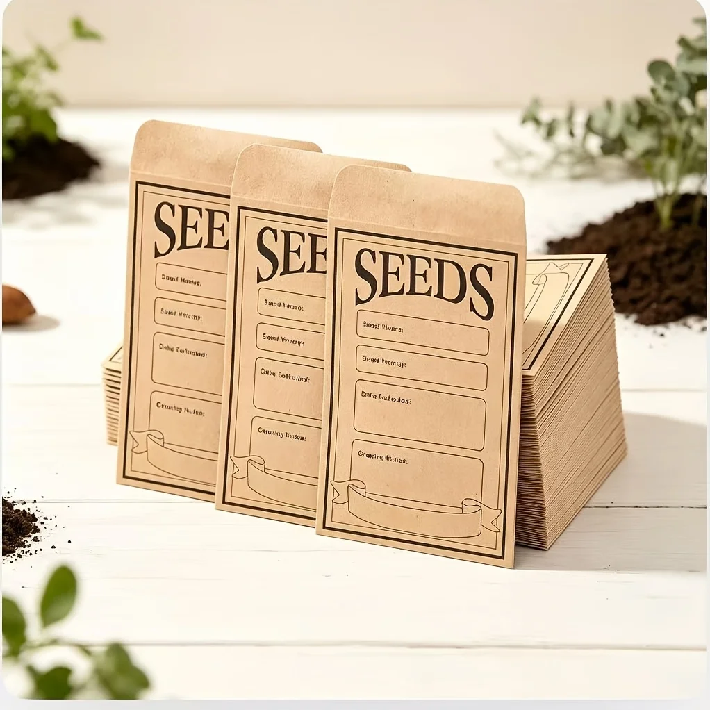 50Pcs Kraft Paper Seed Envelopes, Breathable Re-Sealable Pouches for Garden Vegetable Flower Herb Seeds