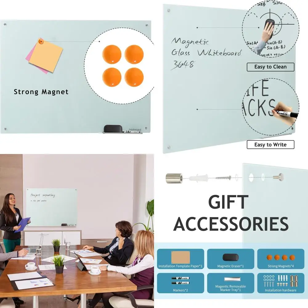 

Frameless Magnetic Dry Erase Glass Whiteboard, 36x24, Wall-Mounted for Home, Office, School Use