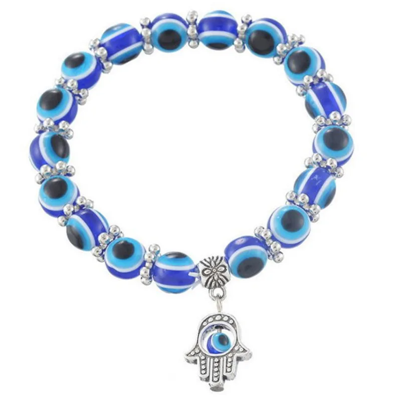 Blue Evil Eye Bracelet Hand of Fatima Turkey Thousand Eyes Wish Handmade Women's Resins Bead Bangle Elastic Bracelets Jewelry