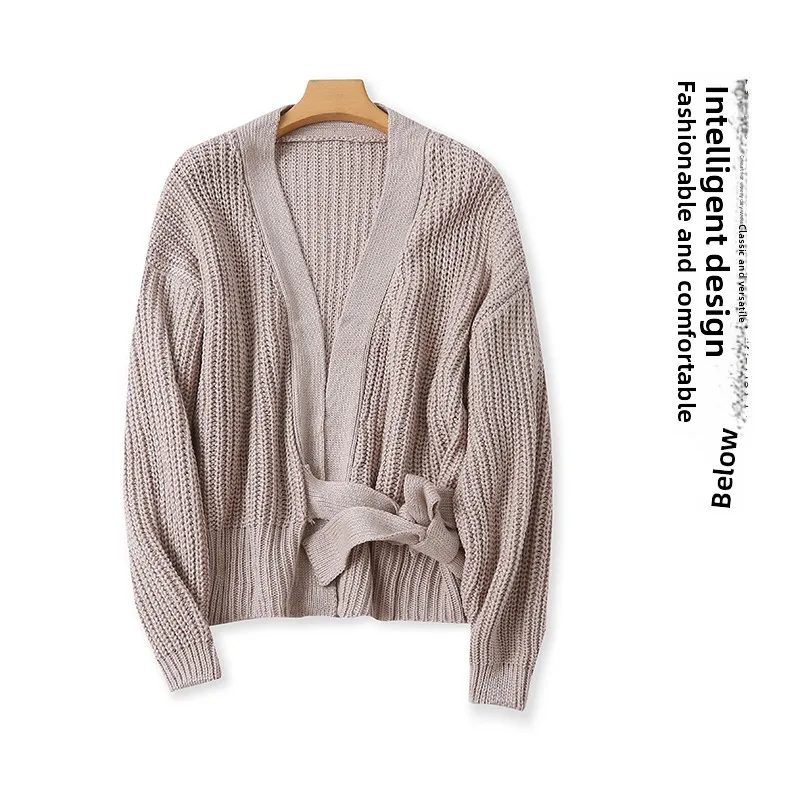 

Модный простой вязаный свитер с V-образным вырезом и длинными рукавами, с поясом, осенне-зимняя новинка, женская повседневная свободная одежда