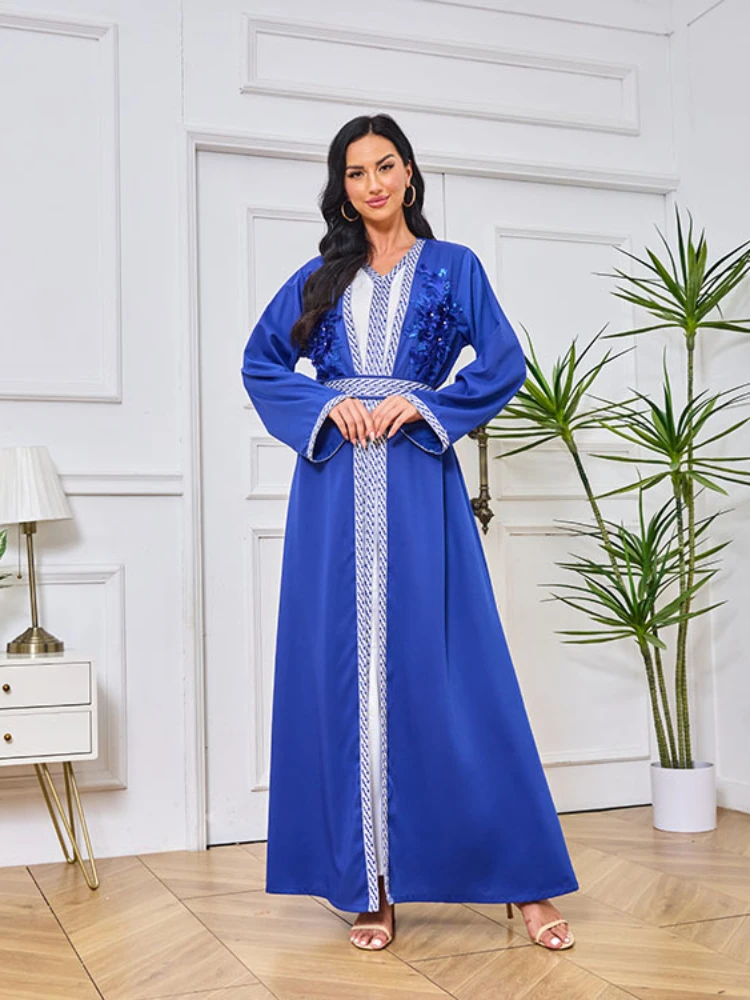 Eid Muslim Embroidered Two Piece Dress Women Abaya Caftan Female V Neck Party Dresses Ramadan Robe Set Abayas Kaftan Jalabiya