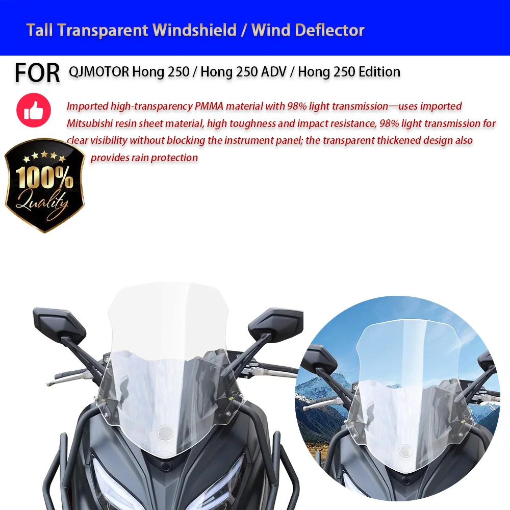 For QJMOTOR Hong 250 Tall Transparent Windshield Wind Deflector Rain Guard No-Drill Accesorios Moto Accessori Moto