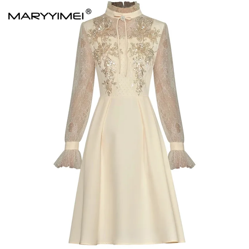 

MARYYIMEI Fashion Designer Women dress Standing collar Long sleeved Mesh Crystal Beading Sequin Slim Elegant Dresses