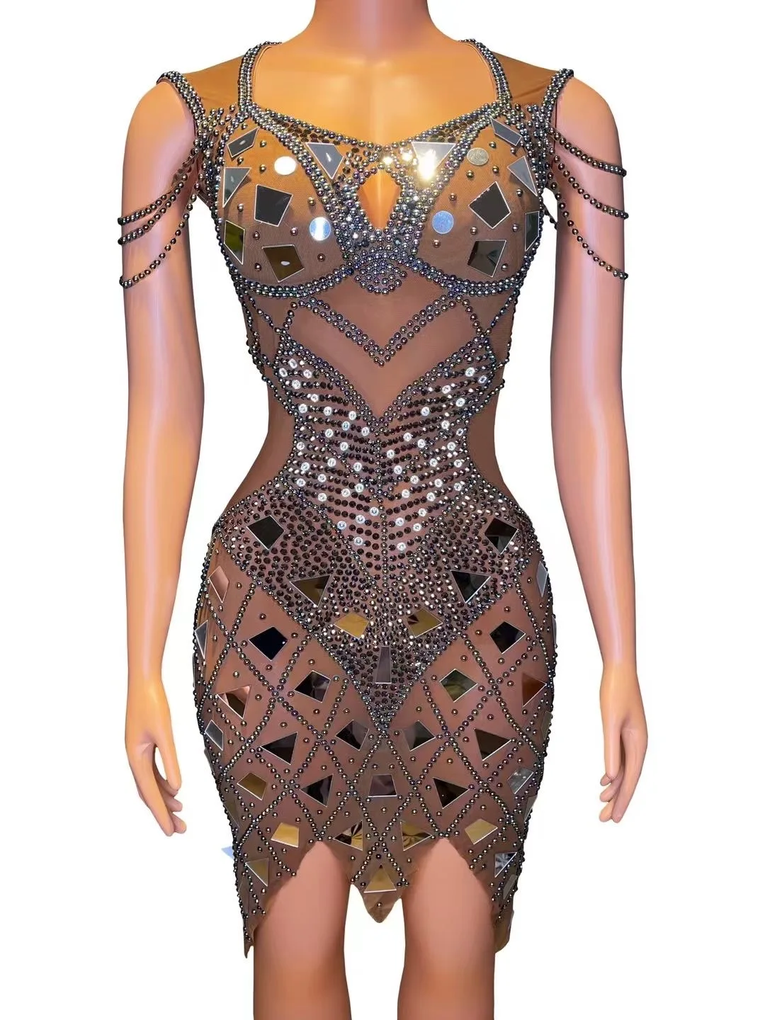 Sexy Mesh See Through Sequin Rhinestone Dress Women Club Outfit Hotwife Photo Shoot Drag Queen Stage Costume Birthday Dresses