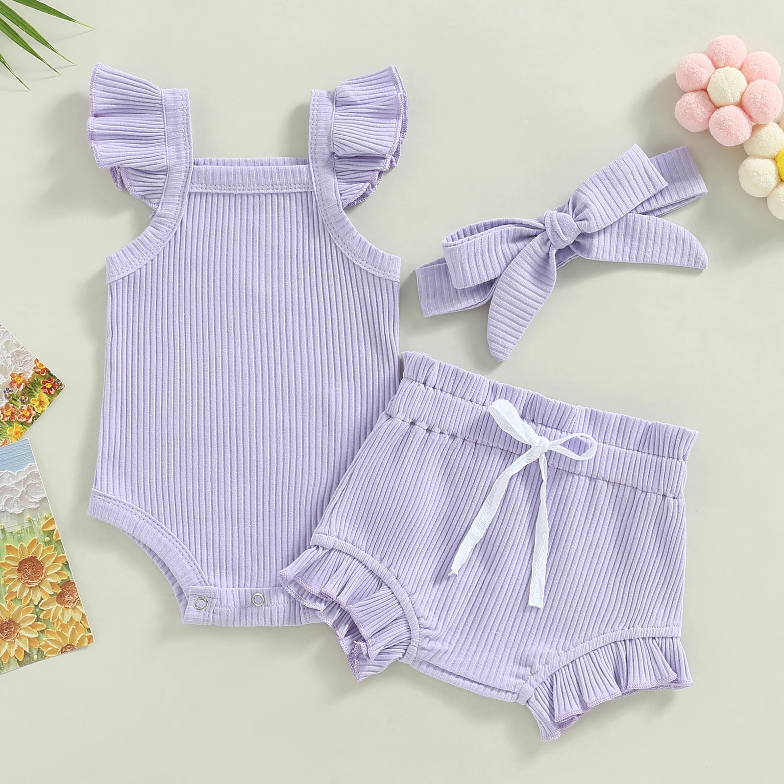 

0-18M Toddler Baby Girls Clothes Set Spring Summer Infant Newborn Fly Sleeve Romper Tops Short Pants with Headband Babe Clothing