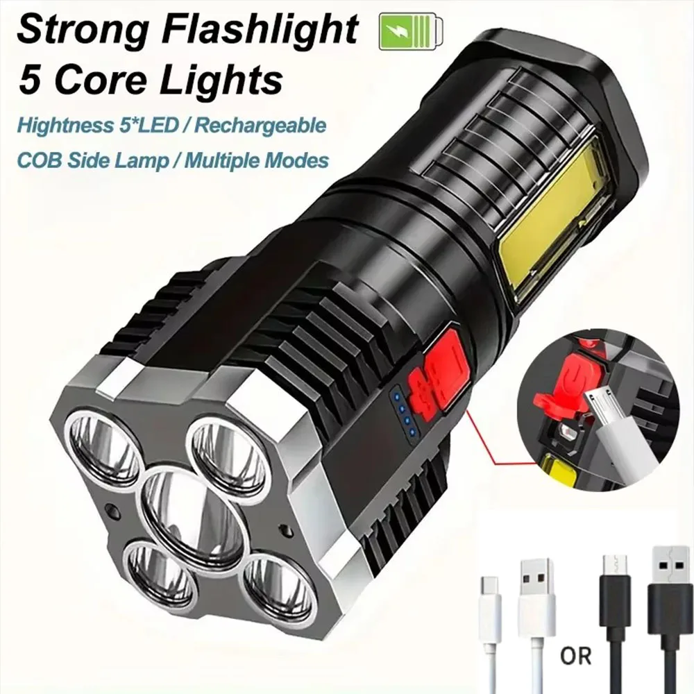 5 LED High Power Flashlights USB Rechargeable Camping Torch COB Side Light Multifunctional Spotlight For Adventure Outdoor Tools