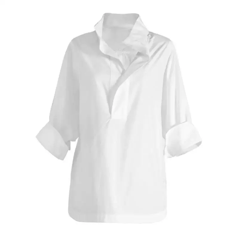 ربيع 2023 قميص نسائي فضفاض مناسب بياقة واقفة 7/8 كم قميص عصري للتخسيس تصميم إحساس بزر أبيض لأعلى #5