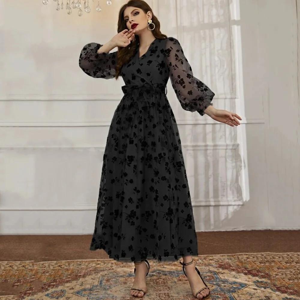 

Black V Neck Ankle-Length Evening Dresses Appliques Long Sleeves A Line Blackless Tulle Short Prom Party Gowns 2023 For Women