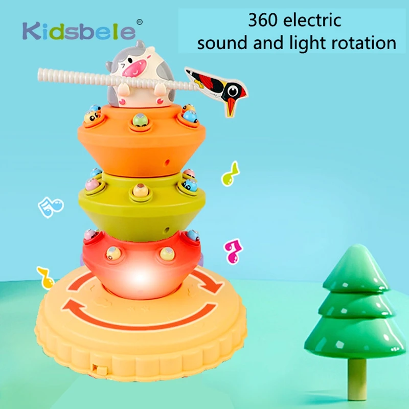

3 Layers Colorful Musical Rotating Tower Woodpecker Catch Insects Montessori Sensory Learning Stacking Toys for Toddlers