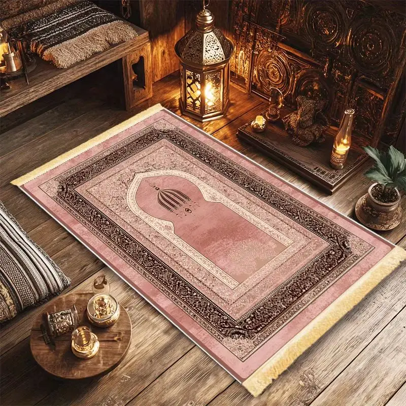 VIKAMA Pink Mosque Arch Sejadah Prayer Mat Golden Fringed Foldable Portable Alfombra Muslim Salat Home Worship Rug