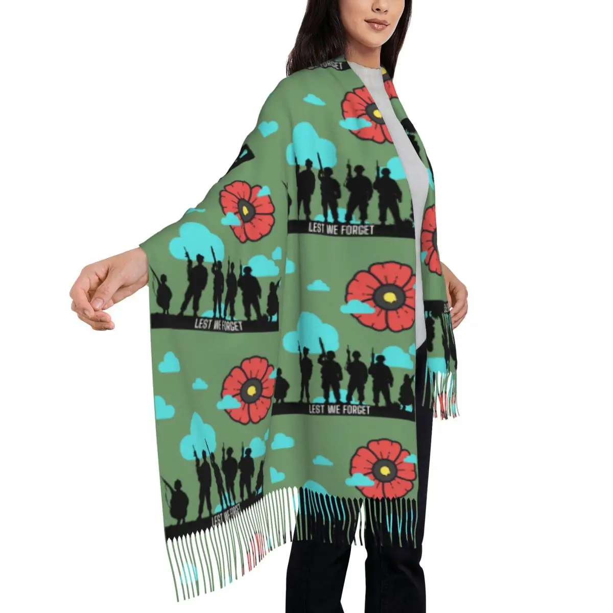 Remembrance Day Poppy Flower Design Lest We Forget Veterans Scarf Tassel Scarves Women Shawls and Wraps Fall Winter Shawl Wrap