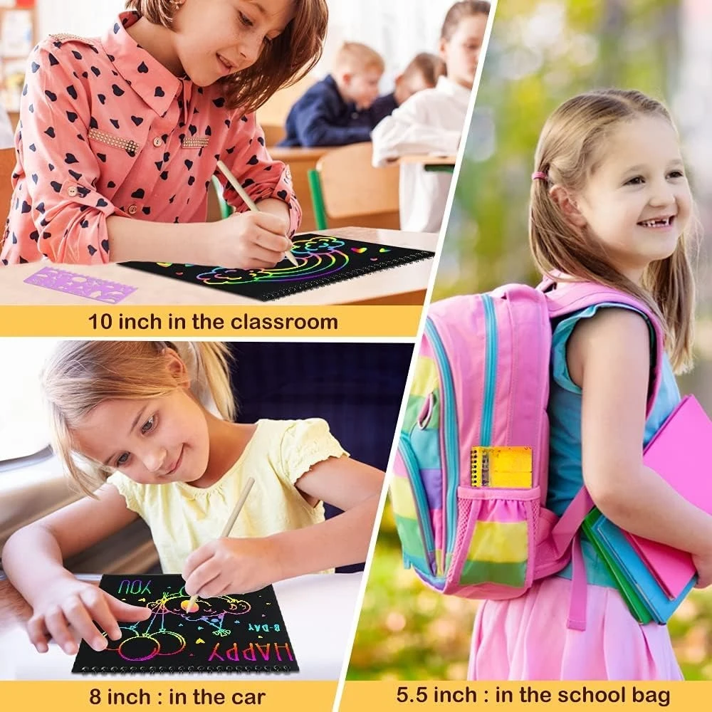 Подарок для детей от 3 до 12 лет — 3 упаковки радужных скретч-блокнотов, наборов принадлежностей для рукоделия и цветных бумаг для рисования.