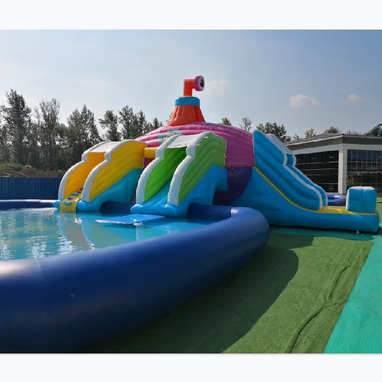 Factory sell submarine theme inflatable water park with two sides inflatable water slide and two sides pools