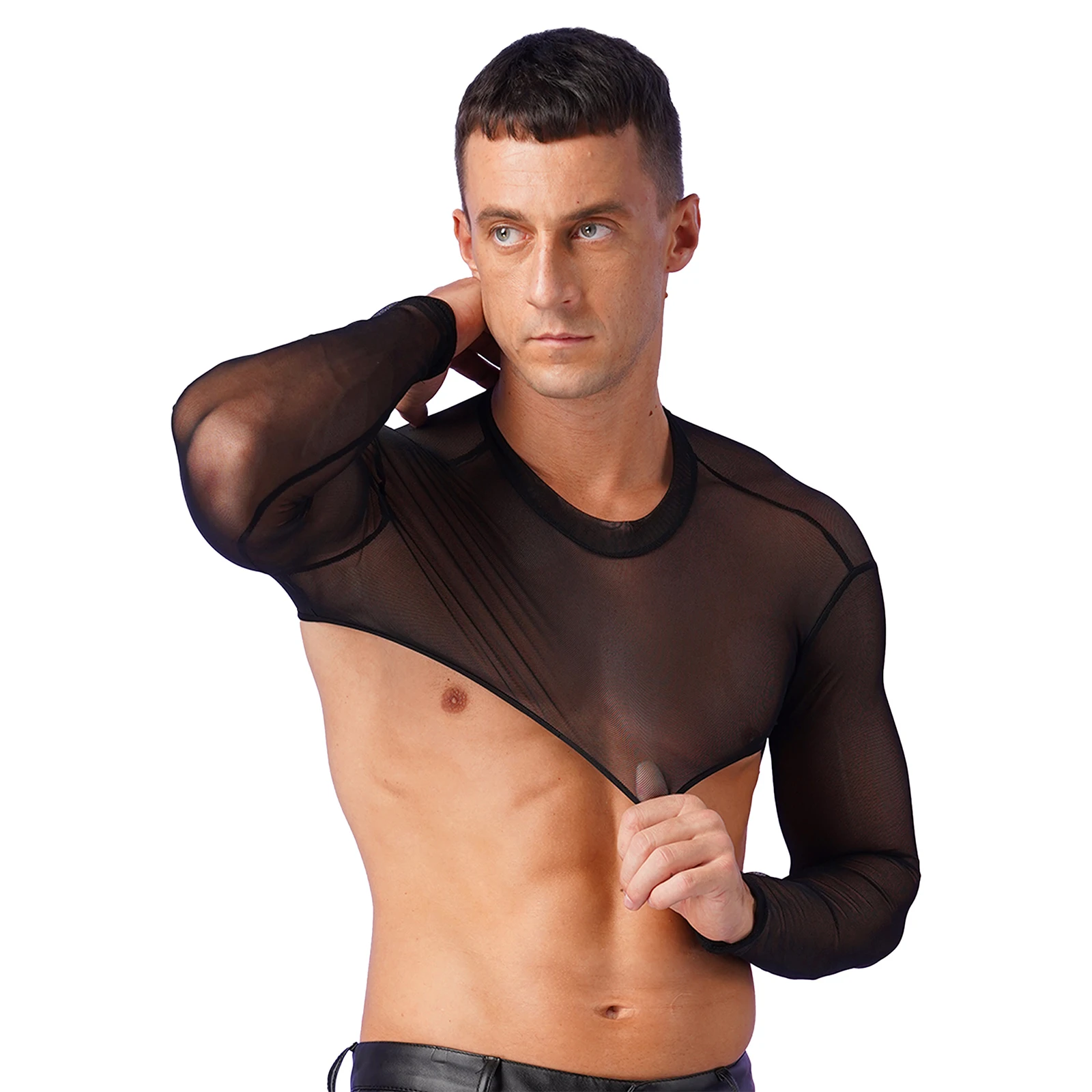 

Mens See-through Mesh Half Cropped Top Mock Neck Long Sleeve Sheer T-shirt Cover Ups Sexy Casual Streetwear Beachwear Clubwear