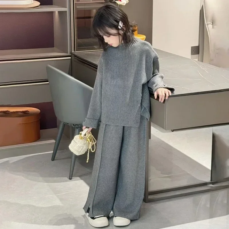 

Girls Sweater Set 2024 Autumn Lazy Wind Children's Design Sense Knitted Top Split-ended Flared Pants Two-piece Set