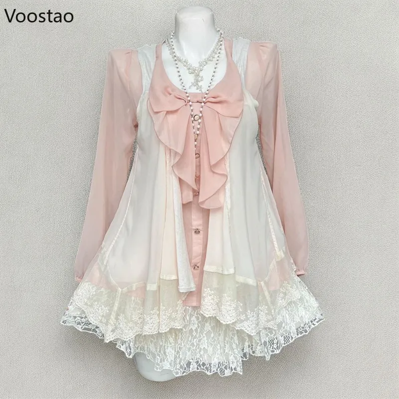 Outono doce lolita estilo 3 peça conjunto feminino kawaii rosa arco babados blusa topos rendas cardigan mini bolo saia feminina y2k outfits