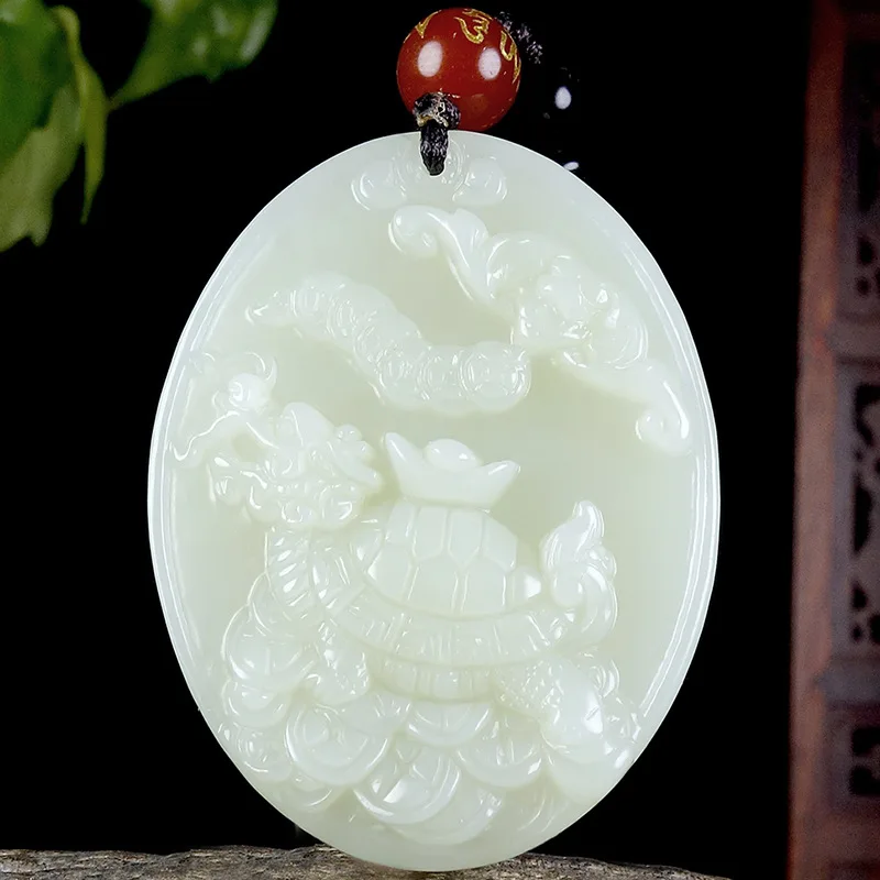

Fine Jewelry Natural Hetian Nephrite Jade Dragon Turtle Offering Treasure Blessing Longevity and Ruyi Jade Pendant