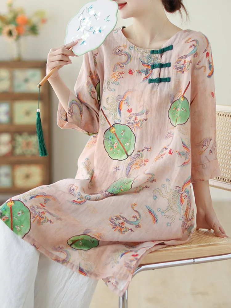 

Chinese Ethnic Sle Floral Print Cotton Linen irt Women's Summer Vintage Button up Loose Fit Overhead Top Medium Length