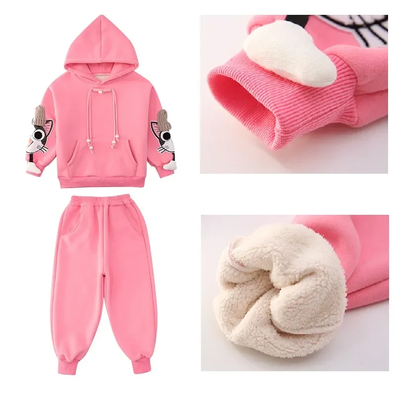 Fleece Warm Girls\' Hoodies Trousers Suit  Autumn Winter Cat Printed Children\'s Sweater Jumper Casual Big Kids Sports Clothes Set