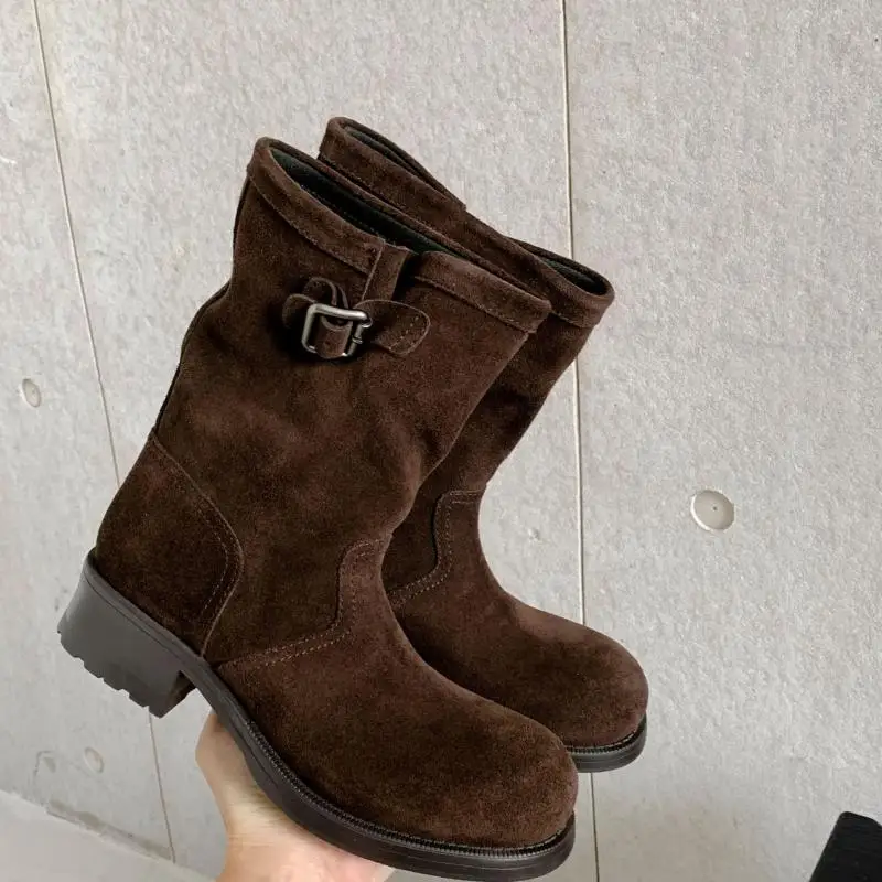 Maxdutti Southern France Minimalist Lazy Leather Mid Top Boots For Women Autumn/winter 4cm Thick Heel Ankle Boots Women's Shoes