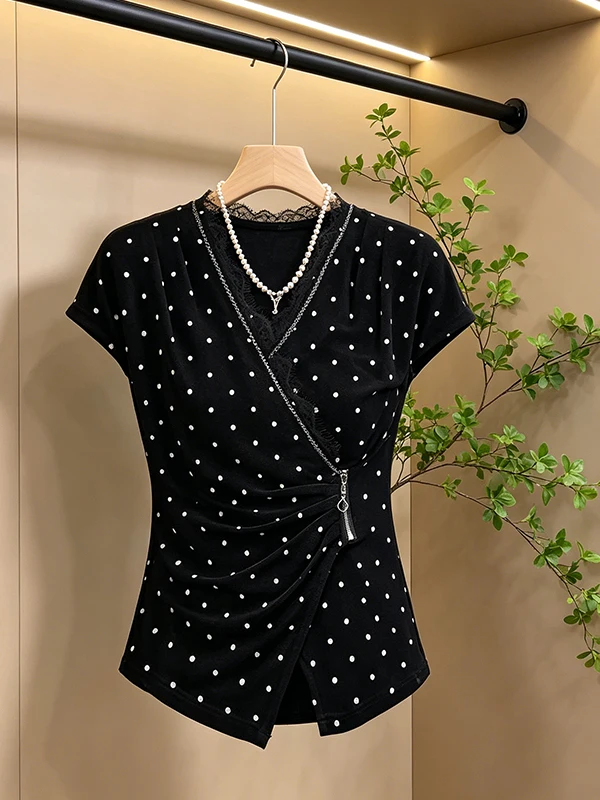 Summer New plus Size T-Shirt Women's Fashion Checkered Lace Splicing Waist-Cinching Zipper Design Korean Style Commute Wind
