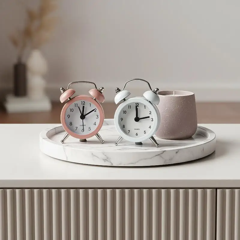 Mini Retro Twin Bell Alarm Clock Simple Desktop Wake Up Clock Small Desk Clock For Students Bedroom Office Home Table Decor