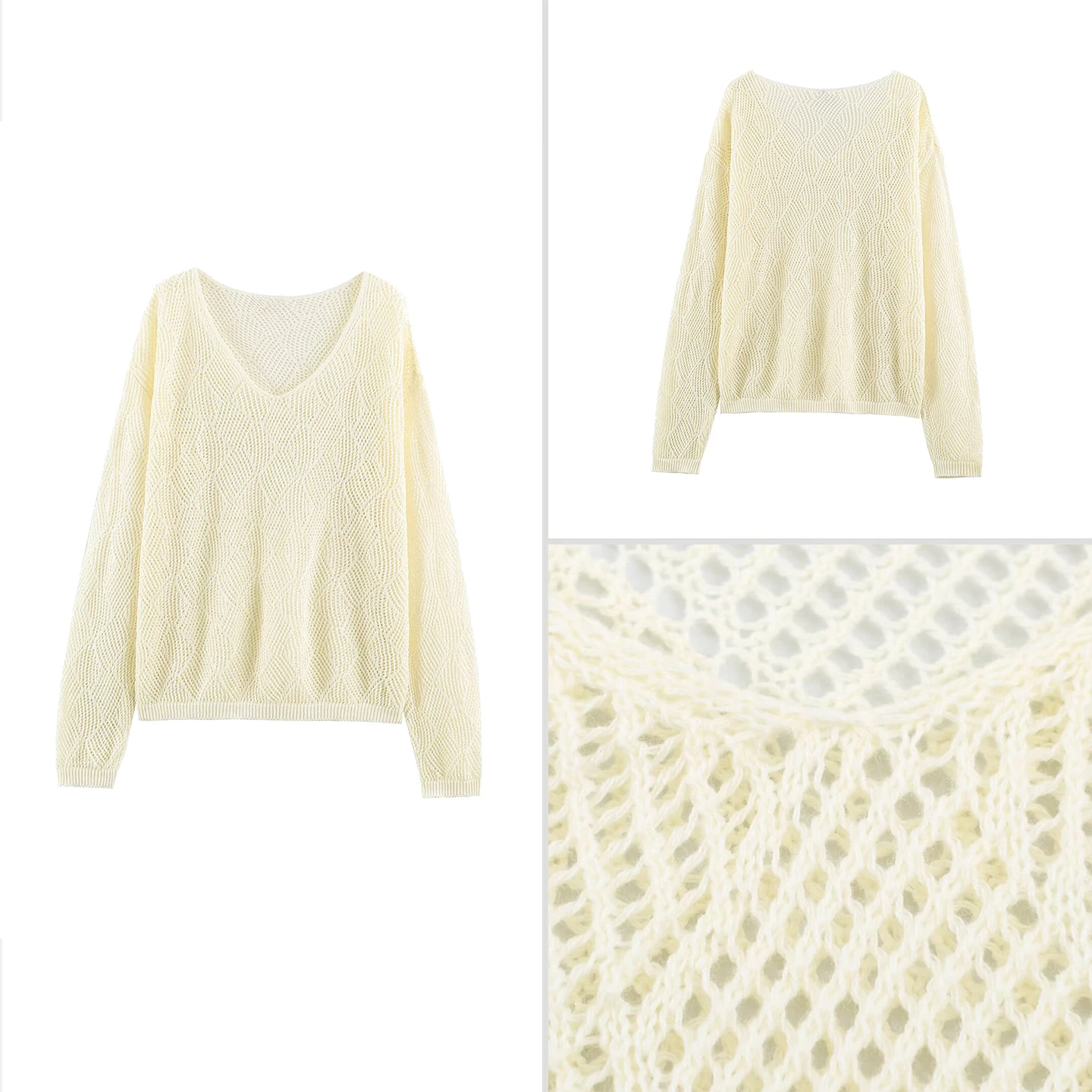 Fashionable Knitted Long Sleeve Hollow Diamond Pattern Women's Shirt 2026 Autumn Collection ZADATA Brand V-neck Design