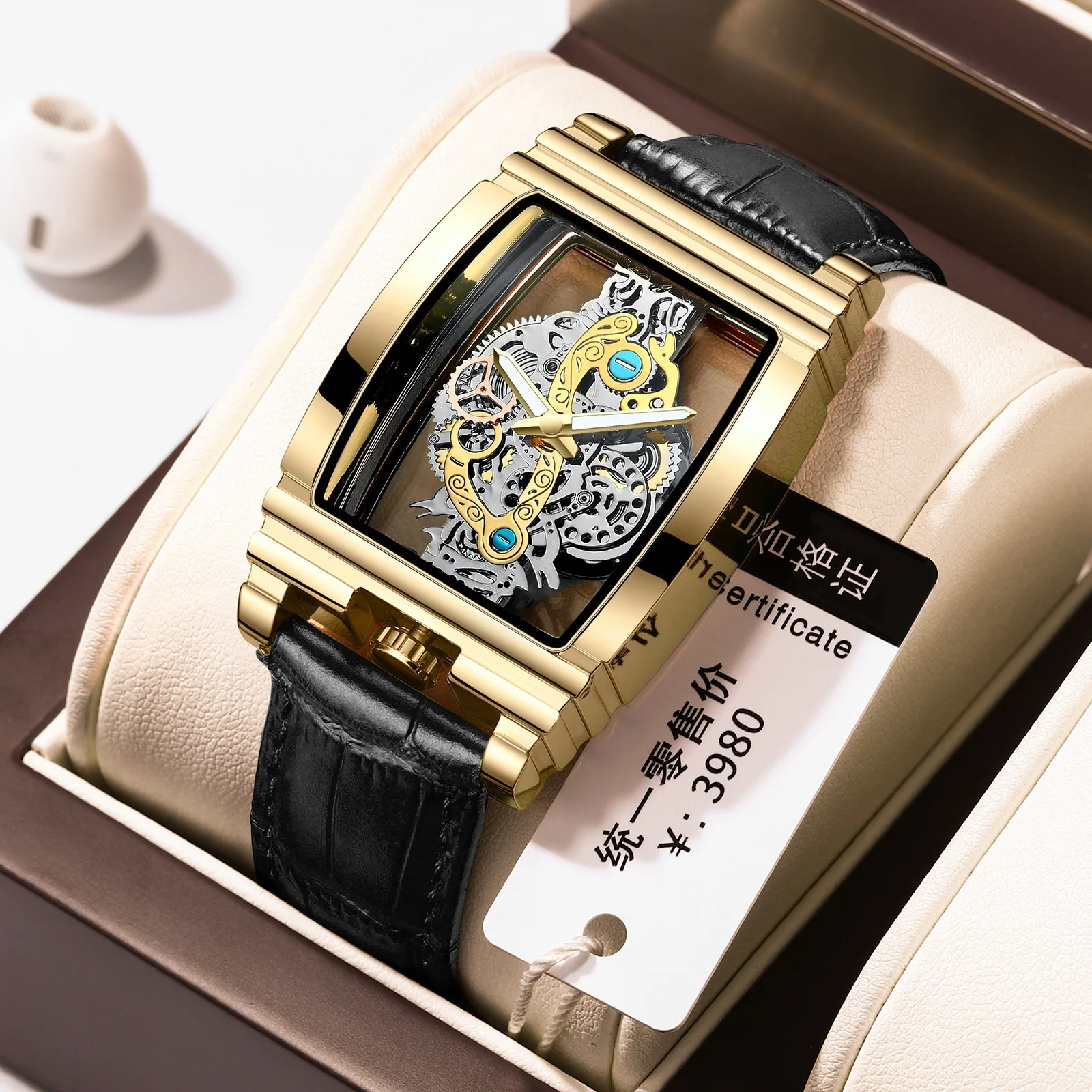 Men's luxury hollow transparent non mechanical watch with retro and gorgeous gear carving design, rectangular large dial belt an