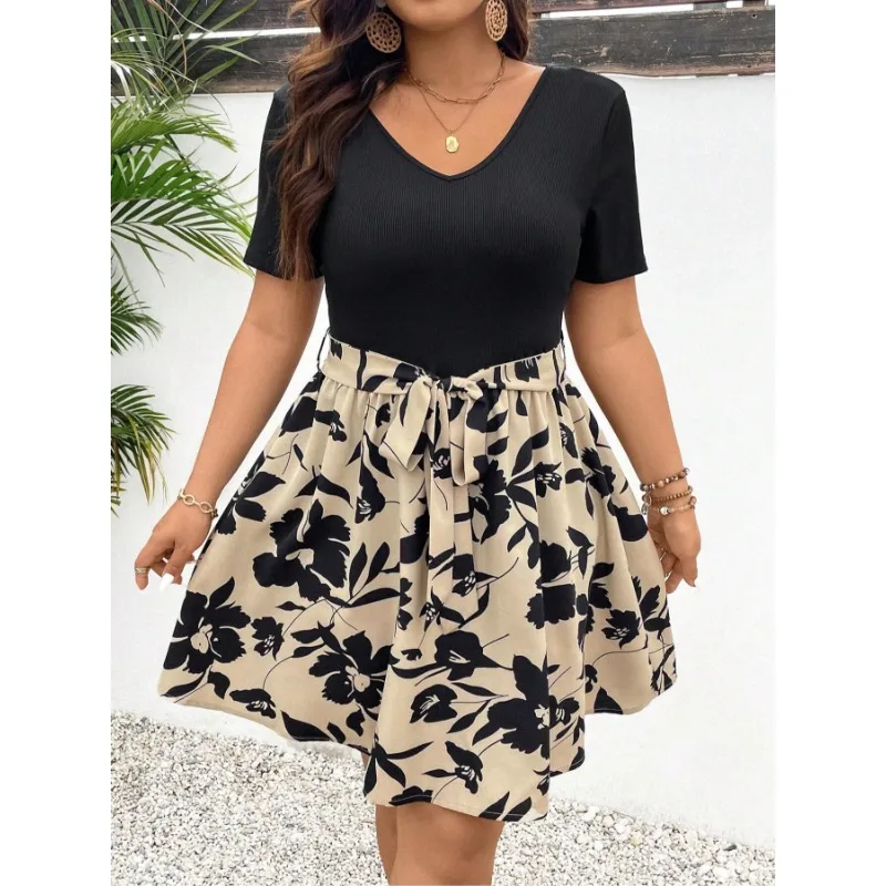 플러스 사이즈 1XL-5XL 여성용 패셔너블한 브이넥 허리 스트랩 드레스 숙녀용 반팔 캐주얼 패치워크 편안한 드레스