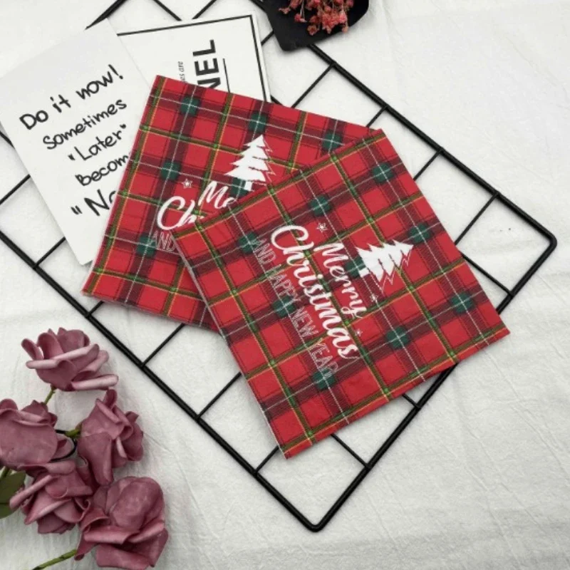 10/20pcs 33cm Colourful Printed Napkins Red Christmas Plaid Christmas Tree 2 Layers Restaurant Party Decoration Paper Napkins