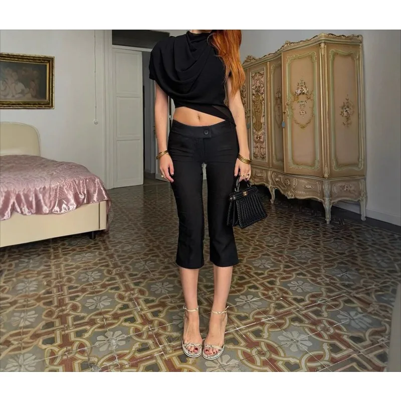 Street Retro Medium-length Cropped Pants Commuter Style Temperament Simple Split-ended Casual Slightly Pull Leggings Women