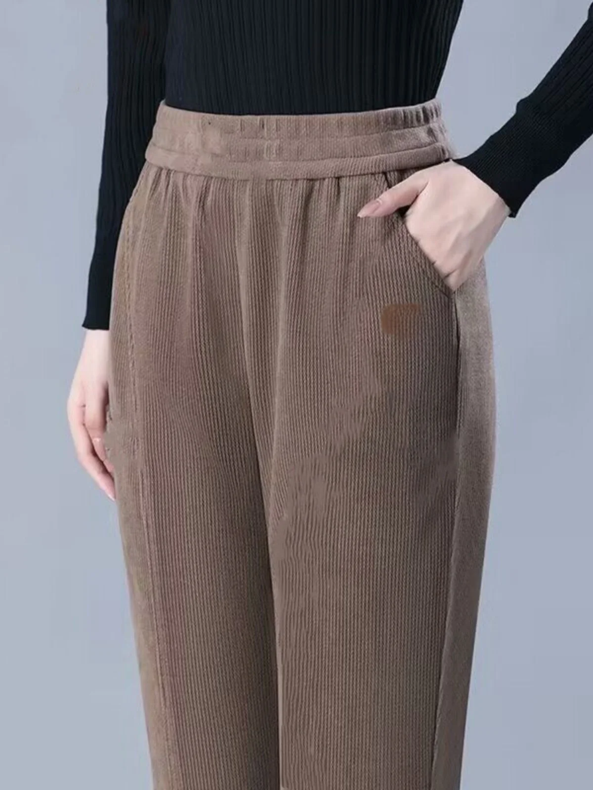 Spodnie sztruksowe z wysokim stanem, damskie spodnie codzienne, elastyczne, wyszczuplające, dla mam w średnim wieku, ocieplane, jesienno-zimowe, nowe.