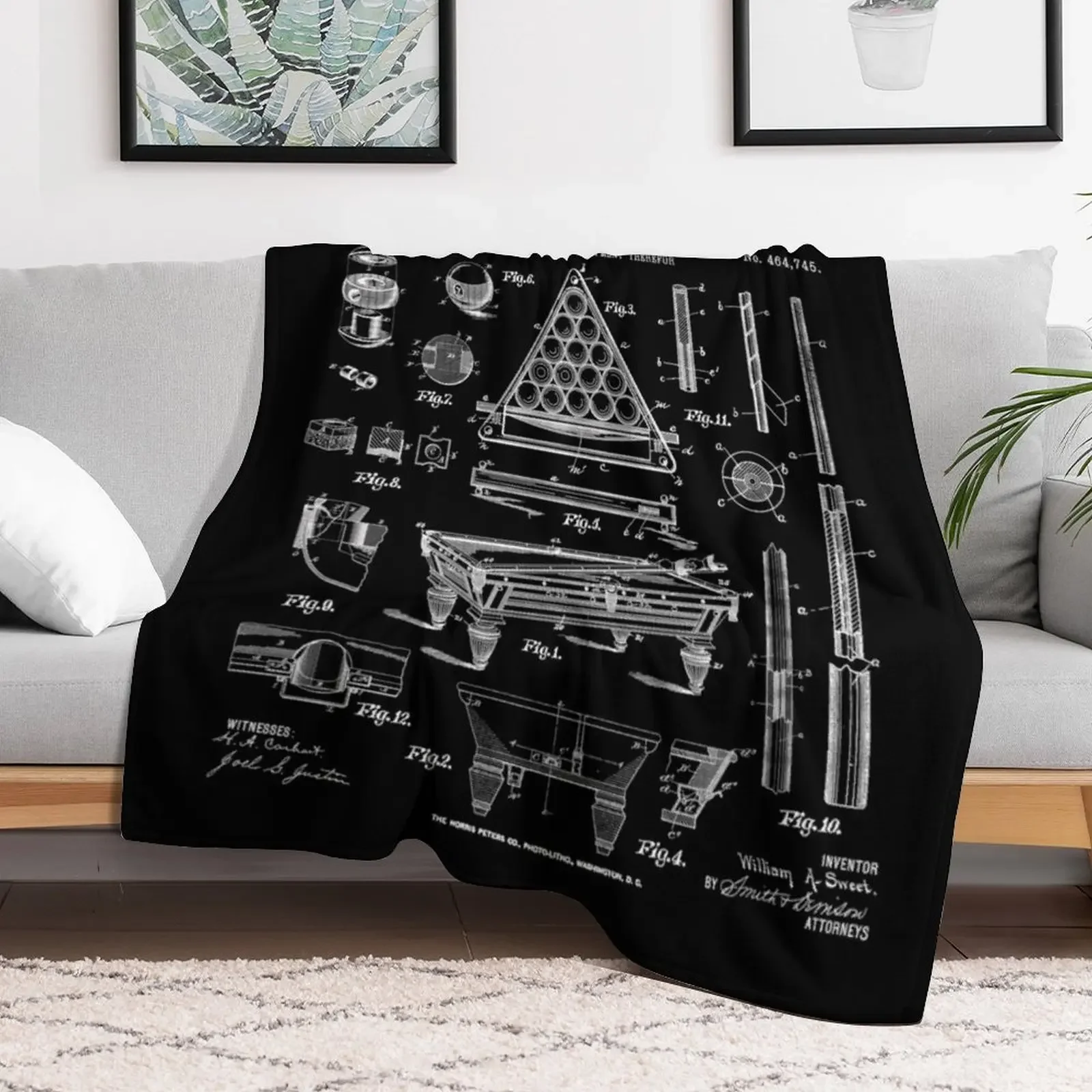 Billiards Table Pool Cue Ball Vintage Patent Drawing Print Throw Blanket Plaid Loose Blankets