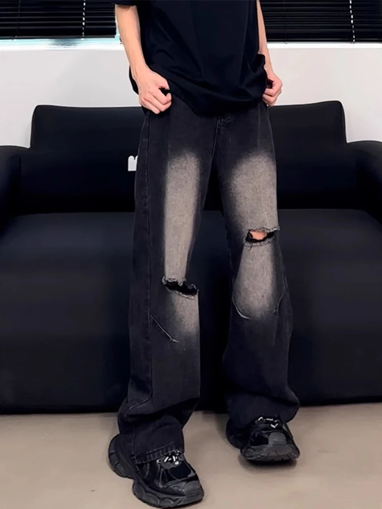 

Washed Ripped Men's Jeans Summer American High Street Wide Leg Straight Tube Micro Flared Pants Youth Fashion Cotton Polyeste...