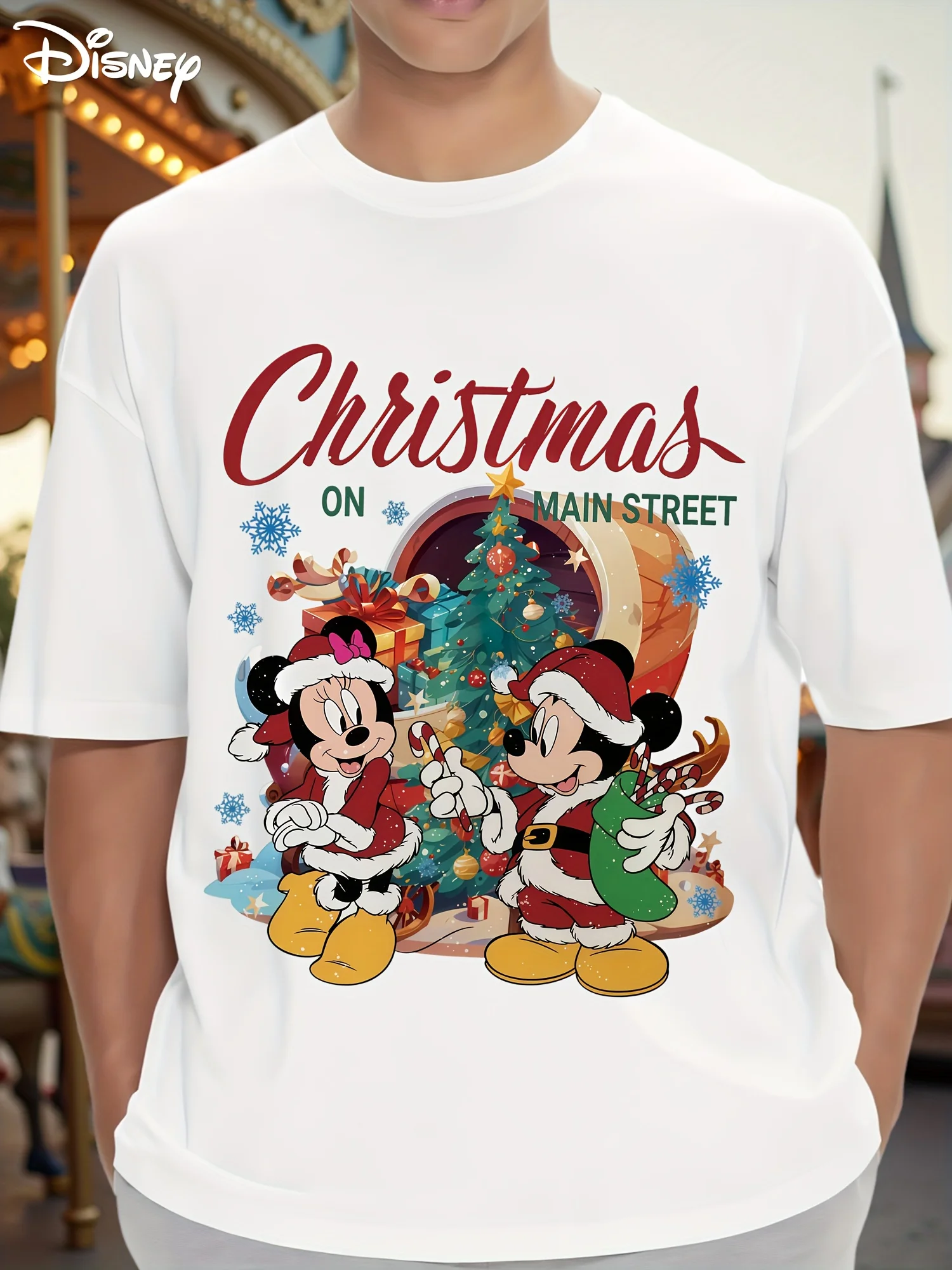 

Men's Disney Mickey and Minnie T-shirt, Casual Short-sleeved T-shirt with Iconic Logo, Suitable for Vacation and Casual Wear.