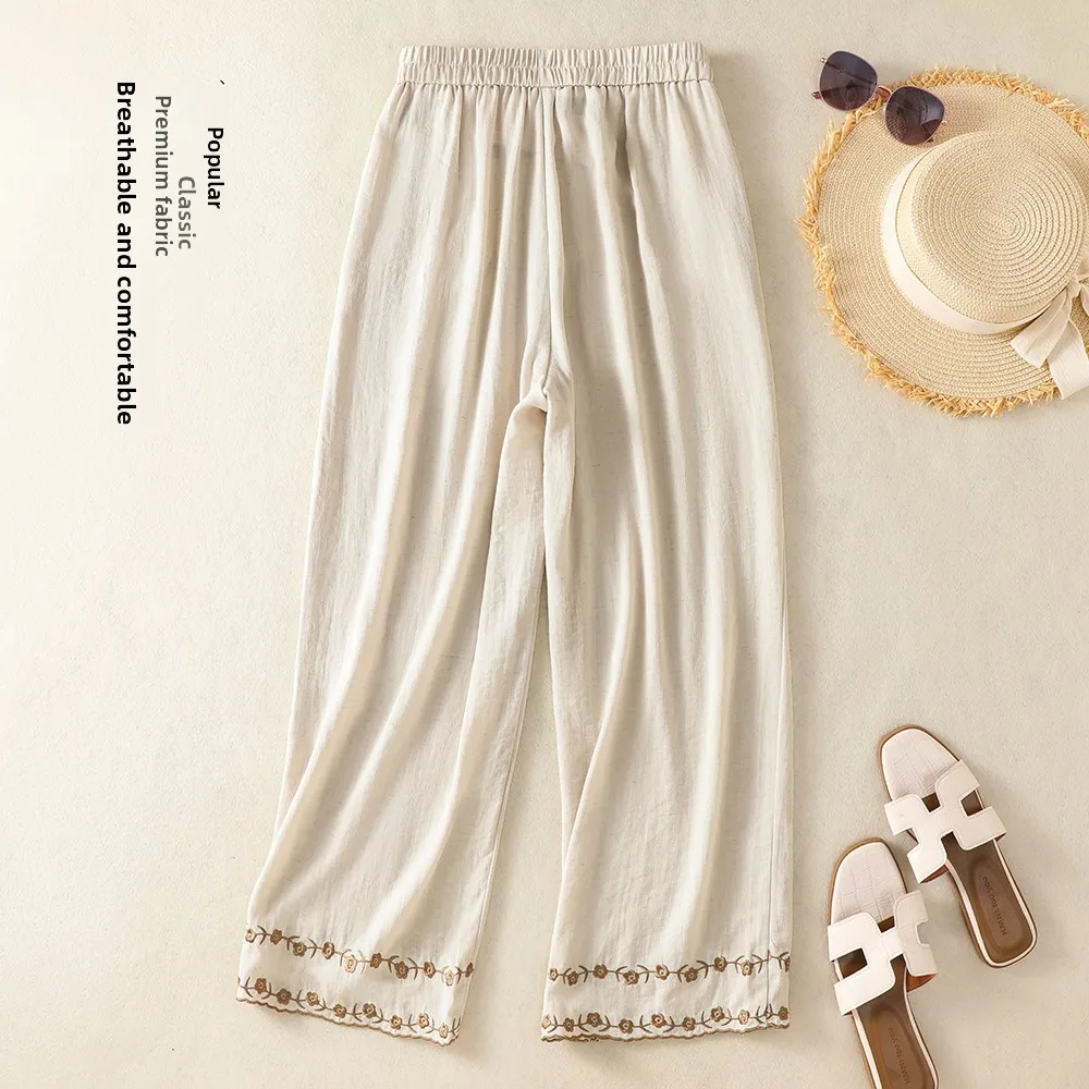 Linen Wide Leg Pants Women Summer Thin New Loose Nine Points Casual Pants Lightweight Embroidered Straight Leg Soft