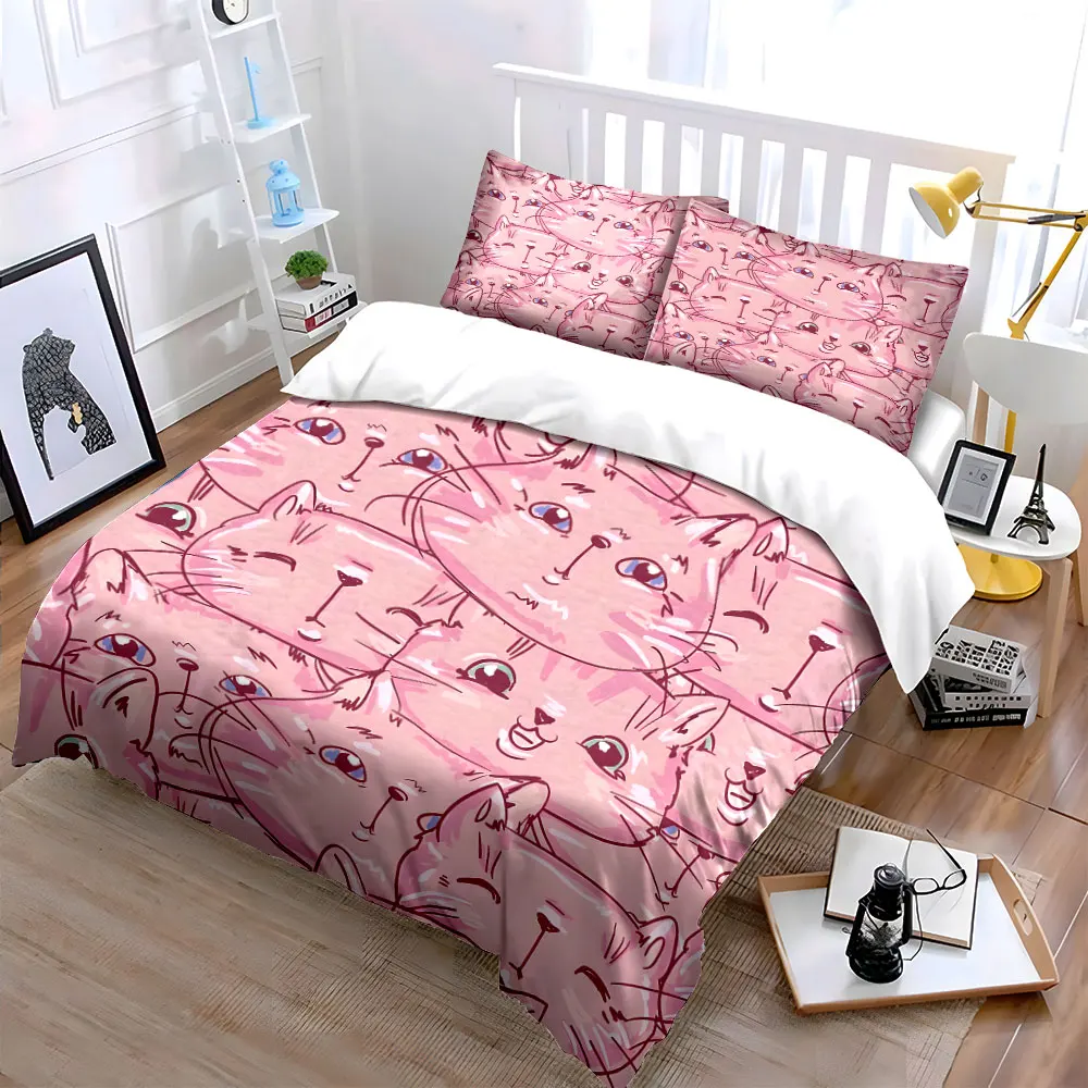 Cute Pink Cat Illustrations Print Bedding Set 1 Duvet Cover 2 Pillowcases for Adult and Children Luxury Gift Full Size