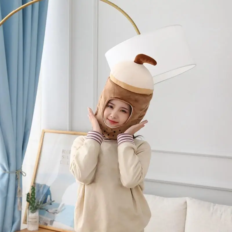 

Lovely Cartoon Milk Tea Shaped Plush Hat Funny Beverages Drinks Stuffed Headgear Warm Earflap Cap Cosplay Performance Party