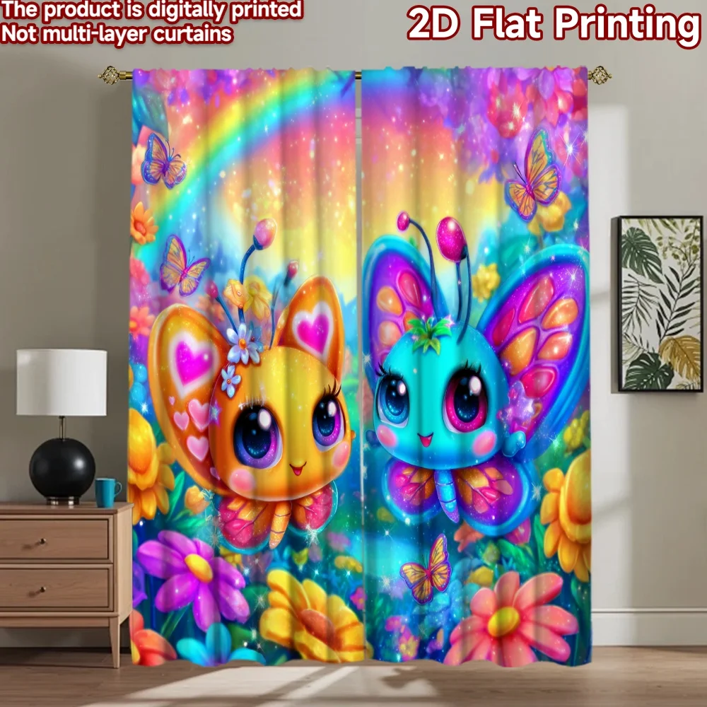 

2D flat printing 2pcs Scene Curtains Cute Butterfly Duo Rainbow Sky Digital Printed Polyester Drapes Festive Curtains for