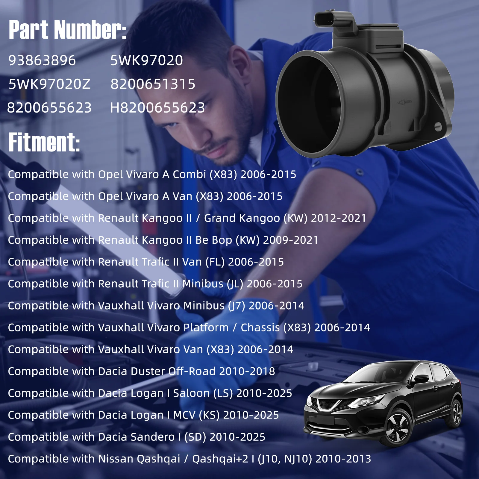 MAF Mass Air Flow Meter Sensor With 4 Pins For Opel Vivaro A Renault Vauxhall Dacia  93863896, 5WK97020, 5WK97020Z, 8200651315