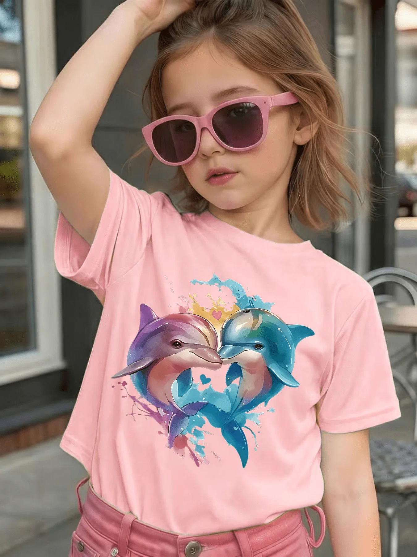 Watercolor Heart Dolphin Splash Print T Shirt Boy Girls Family Match Cotton Short Sleeve Summer Children Casual Basic Daily Wear