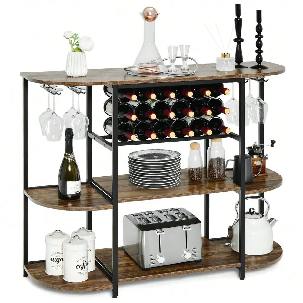 

Wine Rack Table Coffee Bar Cabinet Freestanding Liquor Stand Glass Holder Rustic